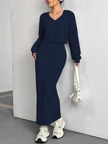 Flirla Women's Solid Color Collared Long Sleeve Ribbed Sweatshirt And Sleeveless Dress Casual Set - Navy Blue - View 6