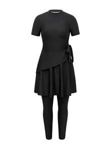Swim Mulvari Women's Spring Burkini Set - Short-Sleeved Top, Double-Layer Asymmetrical Skirt With Waist Tie & Bottoms, All-Black Casual Vacation Two Pieces Swimsuit - Black - View 8