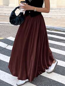 Serisse Women's Casual Solid Color Maxi Flared Skirt - Brown - View 11