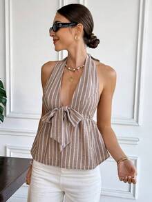 Serisse Women's Elegant Brown Stripe Deep V-Neck Tie Waist Halter Camisole,Linen Textured Backless Boho Top For Summer,Holiday,Vacation,Holiday - Brown - View 7
