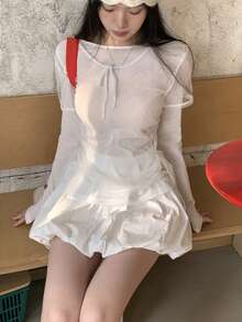 DAZY 女士纯色圆领长袖+蕾丝短袖休闲两件套 春季 - 白色 - 查看 6