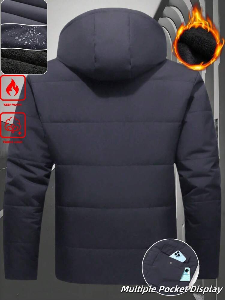 Manfinity Homme Men's Solid Color Hooded Zipper Front Pockets Fleece Casual Versatile Outdoor Long Sleeve Winter Jacket Men Outerwear Thermal Lined Jacket Jacket For Man Men Winter Clothes - Dark Grey - View 3