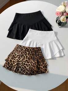 SHEIN EZwear 3 piezas Conjunto de pollera con estampado sólido y de leopardo en capas para mujer - Multicolor - Ver 1