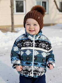 SHEIN Infant/Toddler Boys' Geometric Pattern Fleece Zip-Up High Collar Jacket, Suitable For Daily Wear, Outings, And Travel - Multicolor - View 1