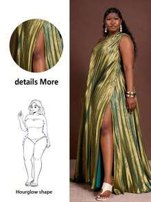 CurvyTilda 2025 春夏秋新款优雅派对、优雅约会、毕业季、生日派对、连衣裙、聚会、婚礼季、宴会、性感、宽松无袖单肩、单高开衩、闪亮面料、全身褶皱大码长裙 - A - 綠色 - 查看 5