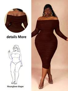 CurvyTilda Plus Size Women's Brown Off-Shoulder Ruffle Mesh Bodycon Dress, Autumn, For Hourglass Body Shape - Brown - View 9