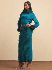 NYA SZN 配套套装（毛衣/半裙）上衣：长袖拉链流苏细节高领纹理印花蓝色半裙：高腰修身包臀及地罗纹针织长裙，秋冬女装