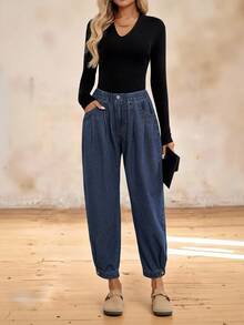 EMERY ROSE 女式休闲水洗褶皱裤脚牛仔裤 - 中等水洗藍 - 查看 3