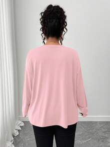 SHEIN LUNE CURVE 大码女式休闲圆领长袖刺绣标语T恤 - 粉色 - 查看 2