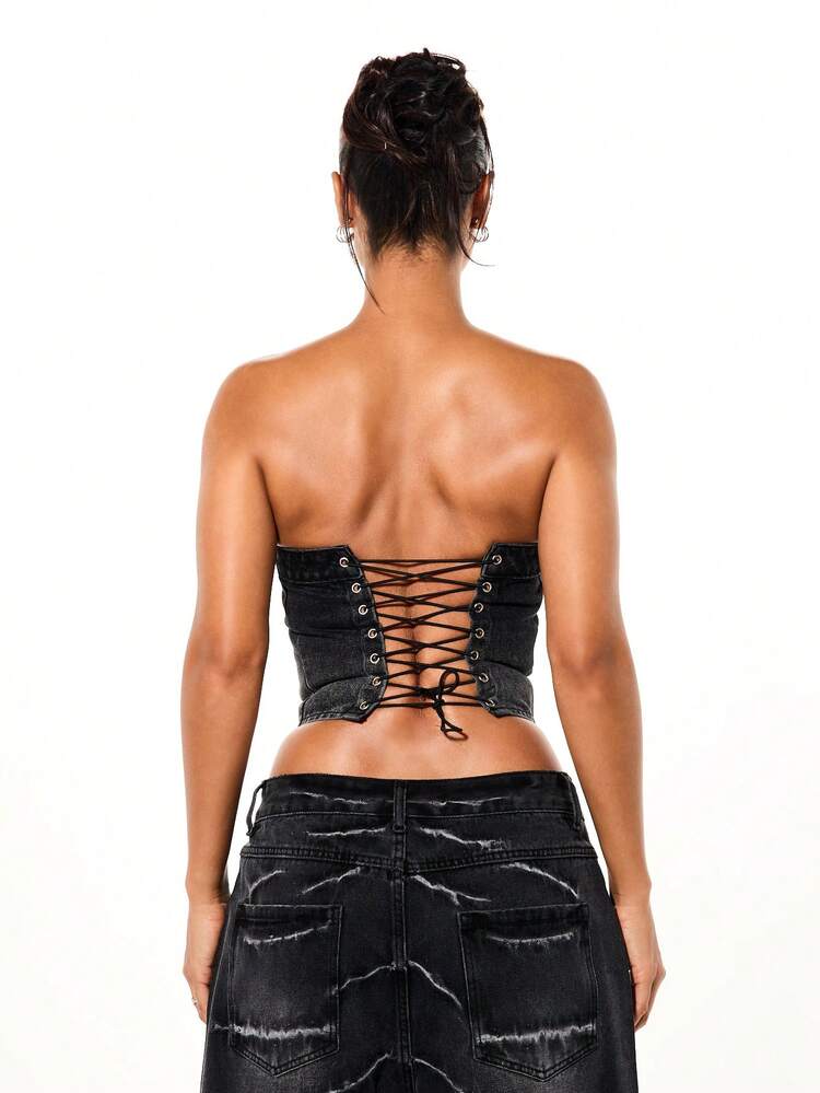 SUMWON WOMEN Denim Corset Top With Lace Up Back