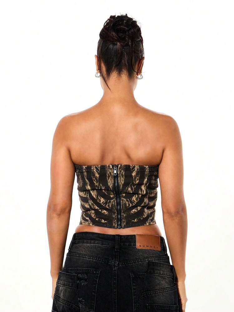 SUMWON Printed Denim Lace Up Corset Top With Front Tie Closure Strapless Bustier For Festival Occasions