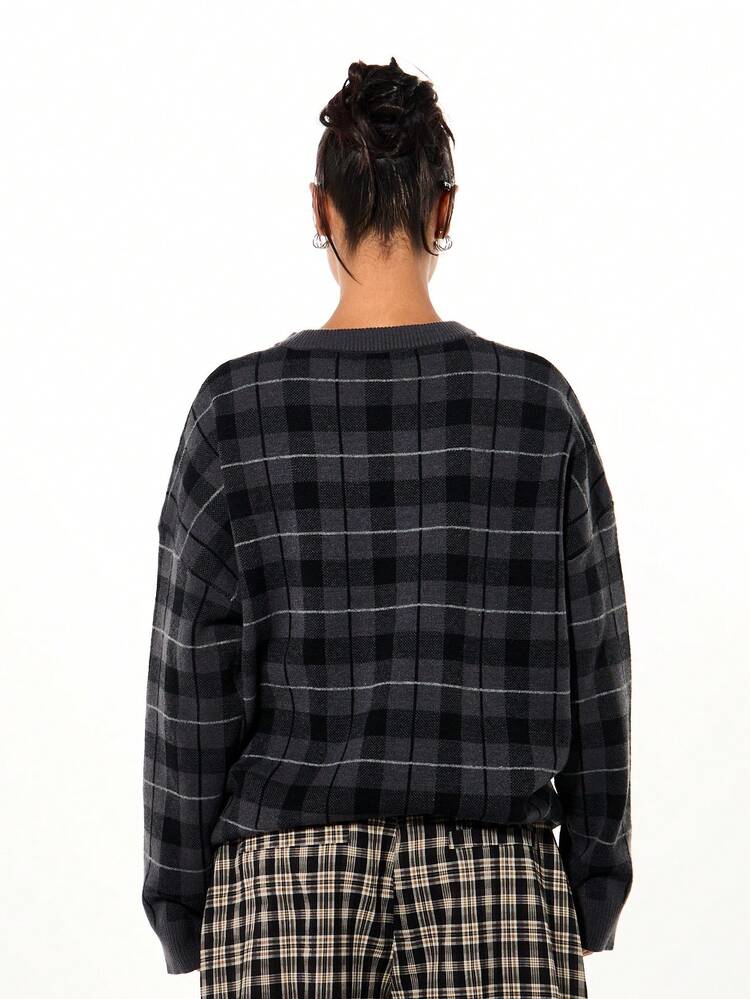 SUMWON WOMEN Oversized Tonal Check Crew Neck Sweater