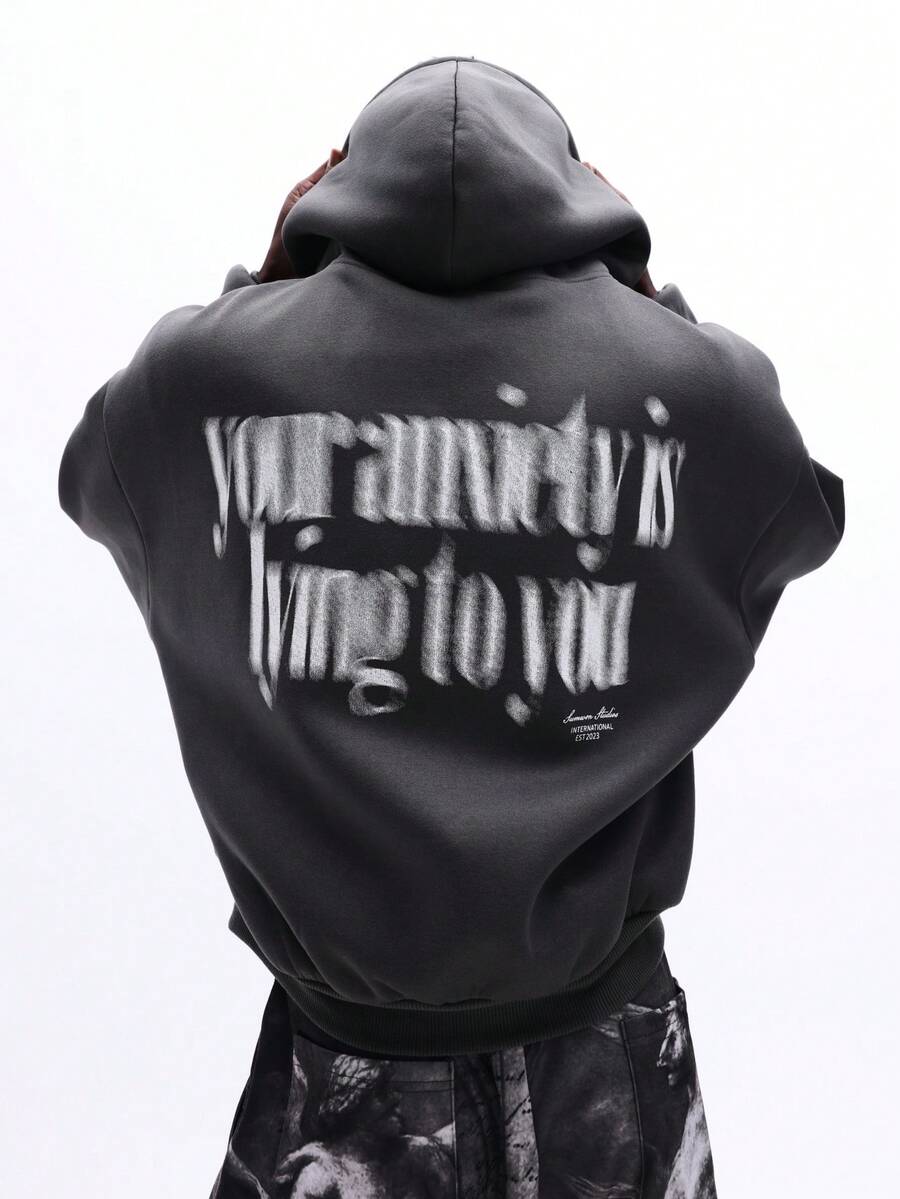 SUMWON Men Zip Up Hoodie Full Front Print Text Casual Streetwear Style Long Sleeve Hooded Sweatshirt Fall Winter - Dark Grey - View 1