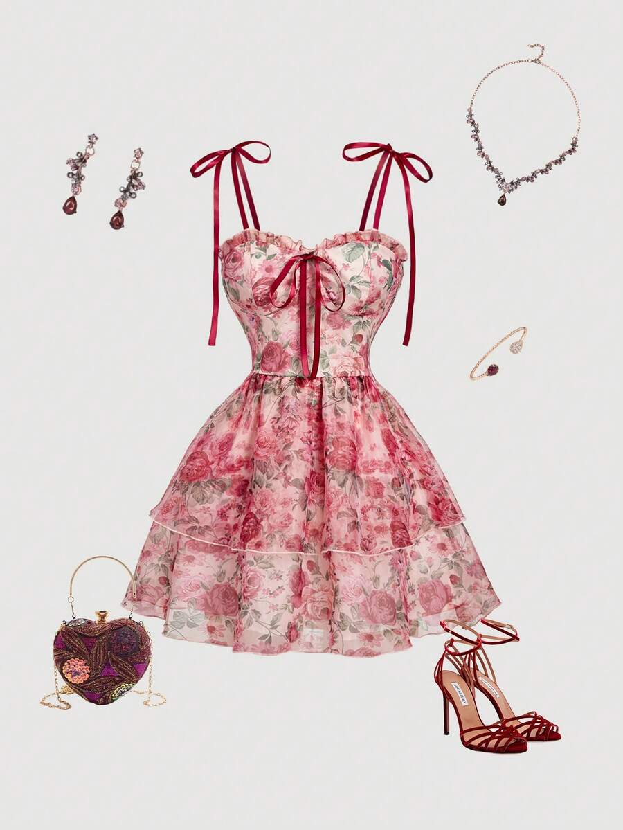 SHEIN MOD 女士碎花优雅系带短裙，秋冬，新年，优雅，新年造型，圣诞节，女士新年服装，情人节，复古，派对，情人节，碎花连衣裙，红色连衣裙，女士乡村服装，仙女风 - 彩色 - 查看 1