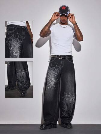 Goth Jeans en denim vintage délavé avec poche graphique croix et aile, style casual pour hommes