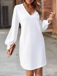 SHEIN New Style Black V-Neck Lantern Sleeve Casual Dress, Autumn - White - View 3