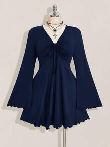 SHEIN ICON Váy đen tay loe nhún bèo phong cách Y2K cổ điển gợi cảm cỡ lớn cho nữ - Màu xanh hải quân - Xem 3