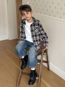 DAZY 男童格子落肩长袖单排扣休闲口袋衬衫 - 棕色 - 查看 5