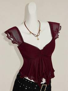 SHEIN ICON Women's Ruched Front Fitted Sexy Mesh Patchwork Cap Sleeve Backless Casual Vacation Cropped Tank Top - Red Violet - View 8