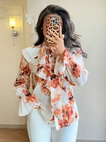 Rafferiza Women's Romantic Ruffle Hem Printed Blouse, Elegant For Spring Vacation, Commuting, Date, Fashion Casual Loose Shirt - Yellow - View 4