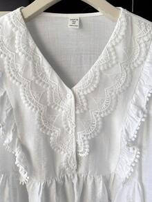 Teen Girls White Casual Sweet Lace Patchwork Ruffle Trim Long Sleeve Blouse White Long Sleeve Top Ruffle Lace White Top Blouses For Teen Girls - White - View 7