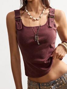 Bohemela Plus Size Women Solid Color Adjustable Buckle Design Casual Tank Top - Burgundy - View 6