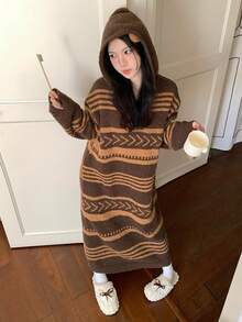 DAZY 女款寬鬆連帽中長洋裝，半抓絨條紋提花圖案，冬季睡衣 - 棕色 - 查看 5