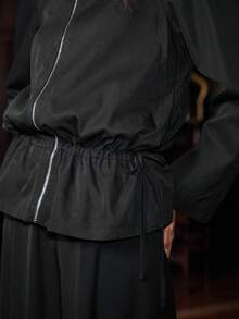 Franclia Veste pour femmes printemps/automne, veste ample à manches longues avec col cranté, taille cintrée plissée, noire, convient pour l'extérieur et les déplacements