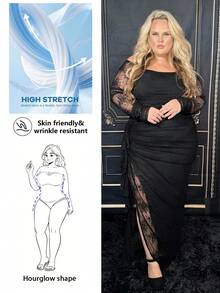 Hourglow Dollyholly86 Plus Size Women's Lace Off Shoulder Ruched Ruffle Hem Romantic Flowy Elegant Party Long Bodycon Green Dress,Graduation Dress, For Hourglass Body Shape - Black - View 1