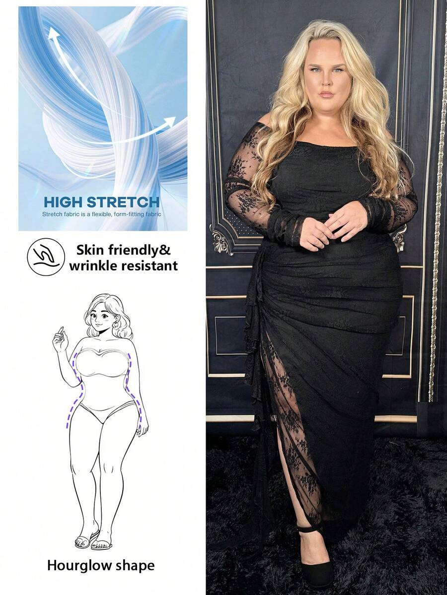 Hourglow Dollyholly86 Plus Size Women's Lace Off Shoulder Ruched Ruffle Hem Romantic Flowy Elegant Party Long Bodycon Green Dress,Graduation Dress, For Hourglass Body Shape - Black - View 1