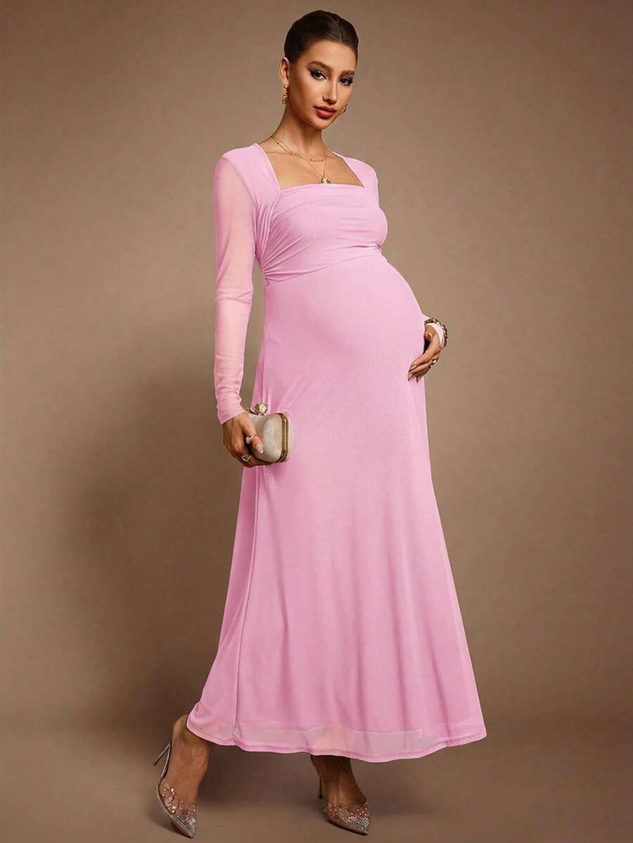 MaterniChic 优雅纯色孕妇连衣裙，适合派对穿着 - 淺粉色 - 查看 1