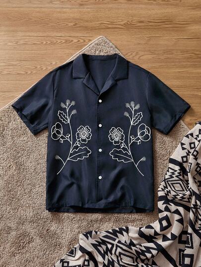 SWAVVY Men's Summer New Navy Blue Line Art Floral Embroidered Cuban Collar Shirt, Short Sleeve Loose Fit Designer Style, Men's Casual Woven Floral Line Embroidered Loose Drop Shoulder Short Sleeve Shirt, Men's Shirt, Short Sleeve Shirt Men, Printed Shirt Men, Embroidered Shirt Men, Navy Blue Shirt Men, Cuban Collar Shirt Men, Summer Casual Shirt Men, Resort Wear Shirt Men, Line Art Floral Shirt, Designer Shirt Men, SS25 New Men's Shirt, Men Shirts, Button Up Men Shirt, Band Shirt, Blue Shirt Men Flora