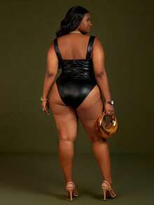 CurvyTilda 大码女式夏/秋季PU罩杯结构吊带背心连体衣 - 黑色 - 查看 2