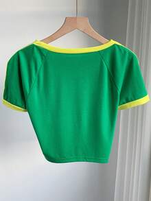 SHEIN EZwear Brazil Letter Graphic Contrast Trim Raglan Sleeve Crop Tee - Green - View 2