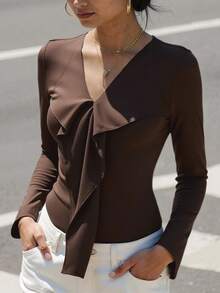 Chiquease New Women's Fashion, Elegant, Versatile, French-Style Ruffled Ribbon Halter Neck V-Neck Top For Early Autumn, Featuring An Irregular Design And Comfortable Fabric. - Coffee Brown - View 5