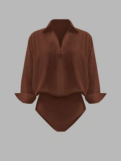 Airaco Plus Size Solid Color Elegant Long Sleeve Bodysuit