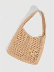 ROMWE Fairycore 1个热带海洋海滩度假风编织镂空卡其色女士单肩手提包，大容量 - 深棕色 - 查看 3