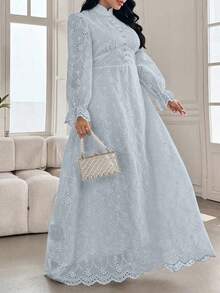 Modelyn Vestido de mujer talla grande con cuello Mao estilo francés, manga abullonada y bordado - Azul - Ver 7