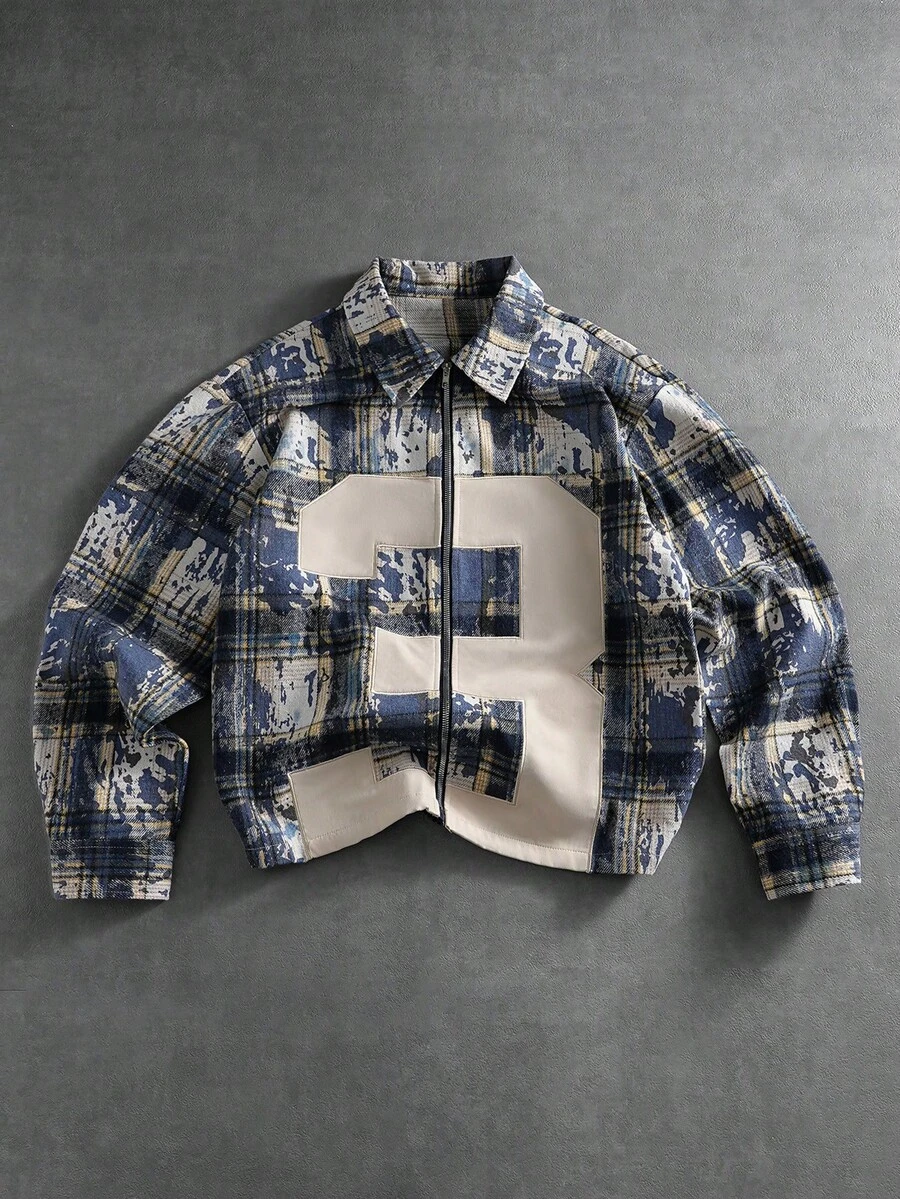 PAVTROS Men's Vintage Checkered Shirt,Navy Blue Streetwear Zip-Front Long Sleeve Boxy Baggy Grunge Distressed Pattern,Autumn,Graduation,Back-To-School Gift - Navy Blue - View 1