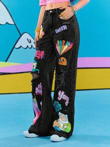 Adventure Time X ROMWE Women Casual Ripped Cartoon Graphic Loose Fit Jeans - Grey - View 10