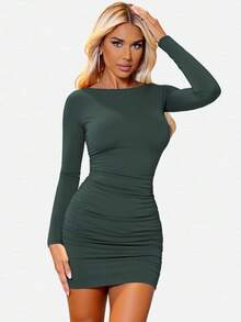 INAWLY Women's Autumn Sexy Solid Color Ruched Fitted Backless Mini Dress Fall Cloth For Women - Army Green - View 4