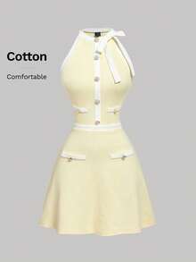 SHEIN MOD Đầm không tay màu vàng phối nhiều mảng màu tương phản, điểm nhấn là nơ và cúc áo. - Màu vàng - Xem 5