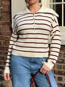 Bethéva Casual Striped Long Sleeve Half-Zip Pullover Fall - Burgundy - View 3