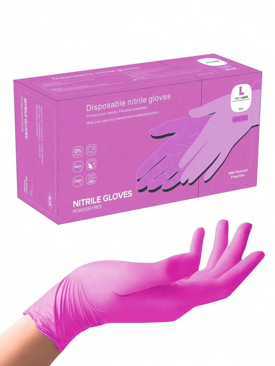 100PCS Powder Free Disposable Rose Red Nitrile Gloves For Kitchen Bathroom Bedroom Hair Salon Tattoo Studio Multi Purpose Use - Hot Pink - View 1