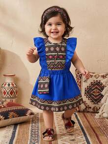 SHEIN 2pcs/Set Baby Girls' Blue Summer Outfit,Cute Middle Eastern Style Floral Print Top Ruffled Collar & Skirt With Shoulder Accessory,Boho Vacation Dress - Blue - View 11