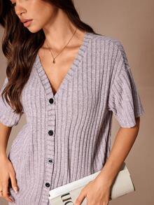 Lazeform Conjunto de chaqueta y pantalón de felpa suave acanalada con botones para estar en casa - Rosa - Ver 2