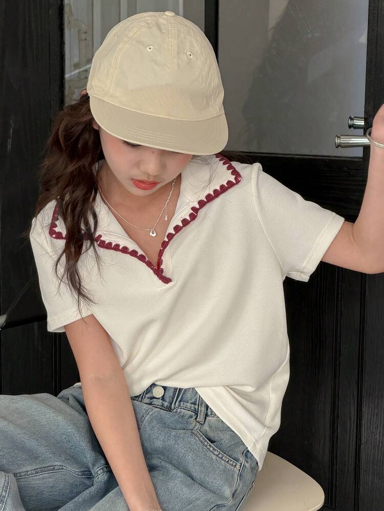 Tween Girl Floral Trim Loose Casual Short Sleeve T-Shirt Summer