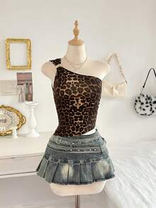 Flirla Women's Fashion Leopard Print Asymmetric Shoulder Metal Buckle Camisole, Sexy Bombshell Style Club Night Out Brown Summer - Multicolor - View 8