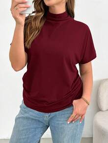 SHEIN Essnce 大码女装春夏时尚休闲宽松舒适日常修身红色短袖上衣，简约风格，适合工作、外出等各种场合。 - 酒紅色 - 查看 2
