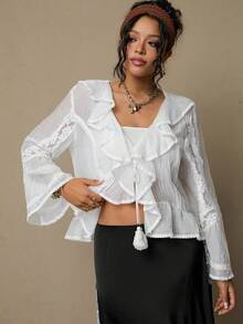 Freevana Plus Size Women Ruffle Hem Front Tie Elegant Blouse Boho Blouses White Boho Top Blouse Summer White Cover Up Top - White - View 2